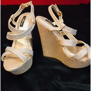 Champagne gold sparkly wedge heels
